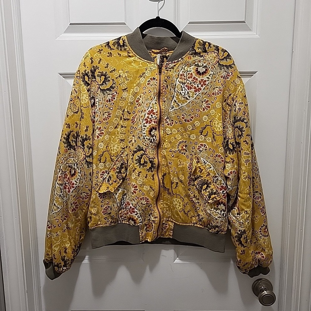 FREE PEOPLE Womens Yellow Olive Gray Paisley Bomber Jacket Zip Oversized Medium